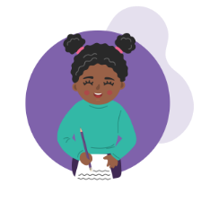 Illustration of a happy student erasing a mistake inside a purple abstract shape
