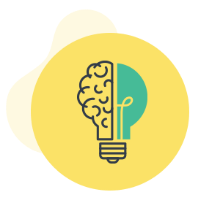 Illustration of a light bulp shape split down the center with half of it looking like a brain inside  a yellow circle
