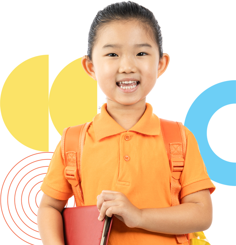 Composition of a student with her bookbag holding her folder while smiling to camera standing in front of abstract shapes