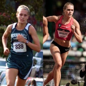 Colleen runs in high school on the left, and on the right a picture of her running as a professional