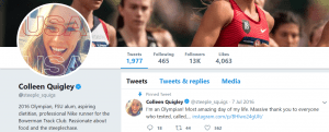 Picture of Colleen's tweet when she qualified for the Olympics