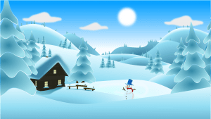 Illustration of a snowy day with a cabin and snowman in the trees