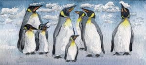Illustration of a group of penguins with the sky in the background