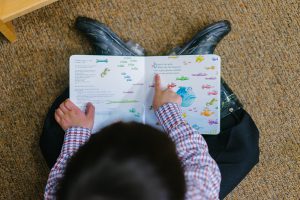 View from above a young boy as he points to a line in a book he is reading