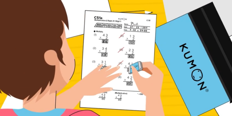 illustration of a student using an eraser to fix a mistake on his math worksheet
