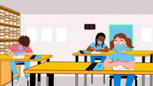 illustration of students doing worksheets in a learning center while practicing safe distancing