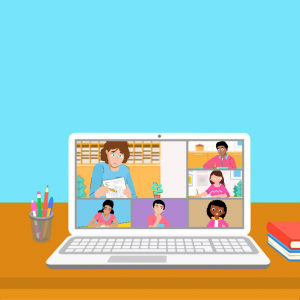 illustration of a computer with a video call for students practicing via virtual learning