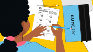 illustration looking over a students shoulder as she works on math problems