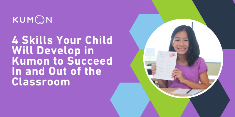 Girl with purple shirt standing with Kumon Worksheet having a 100 on it