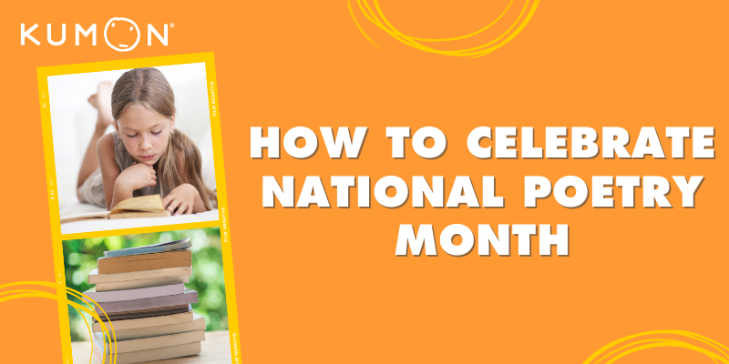 national poetry month activities graphic with photo of a kid and stacked books