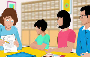 illustration of instructor showing curriculum to a family