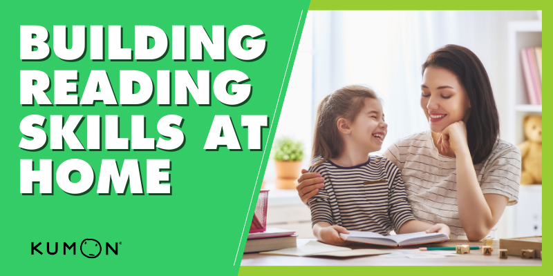 building reading skills at home graphic with mother and daughter excited to learn
