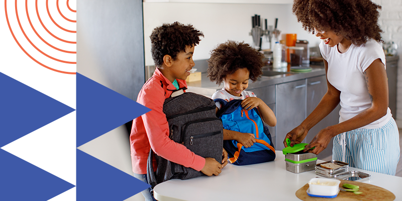 get my child into a school routine graphic with photo of mother with her two children getting ready to go to school
